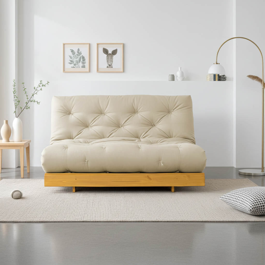 Sofá Cama Casal Futon Tokio Madeira Cor Mel Sarja Bege