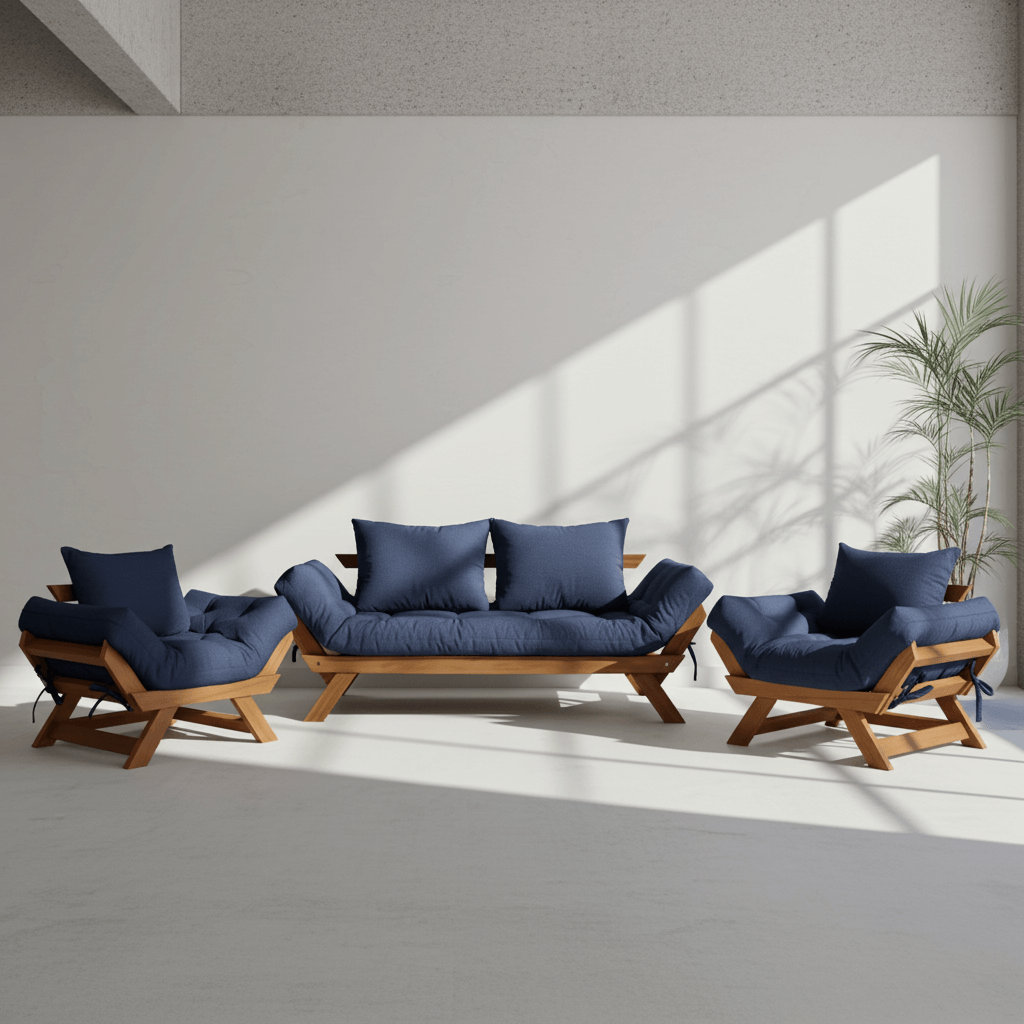 Kit Sofá Japão + 2 Poltronas Acquablock Madeira Cor Mel — Azul Royal