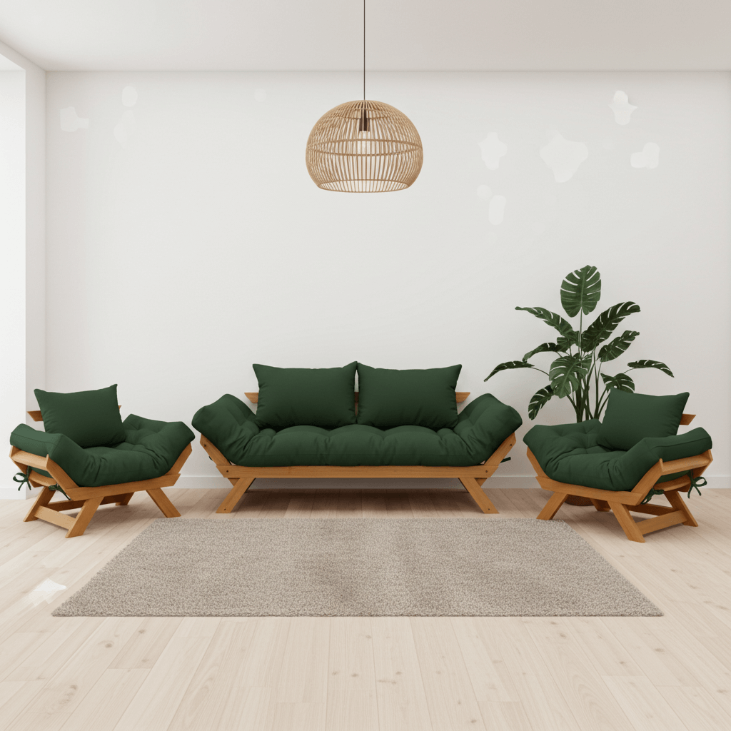 Kit Sofá Japão + 2 Poltronas Sarja Madeira Cor Mel — Verde Militar
