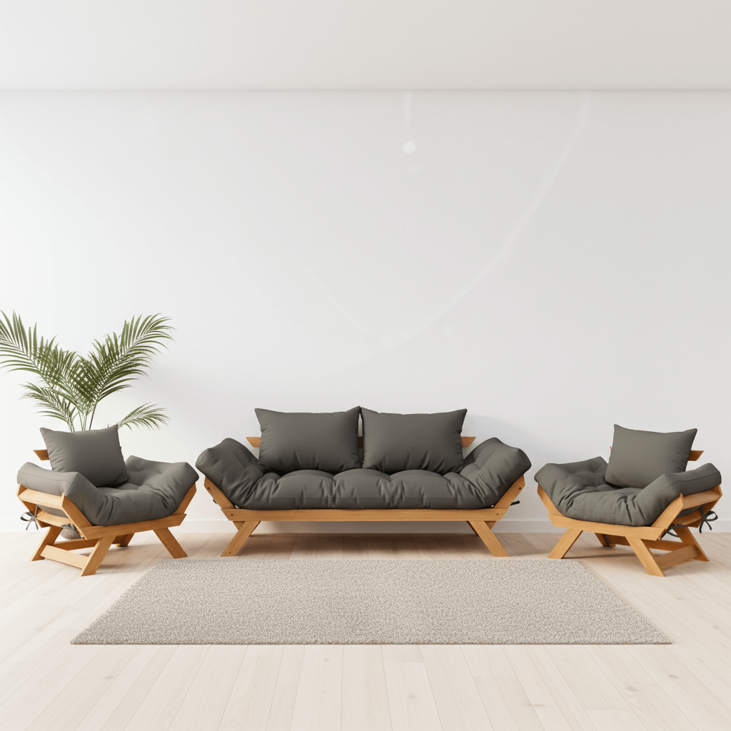 Kit Sofá Japão + 2 Poltronas Sarja Madeira Cor Mel — Cinza