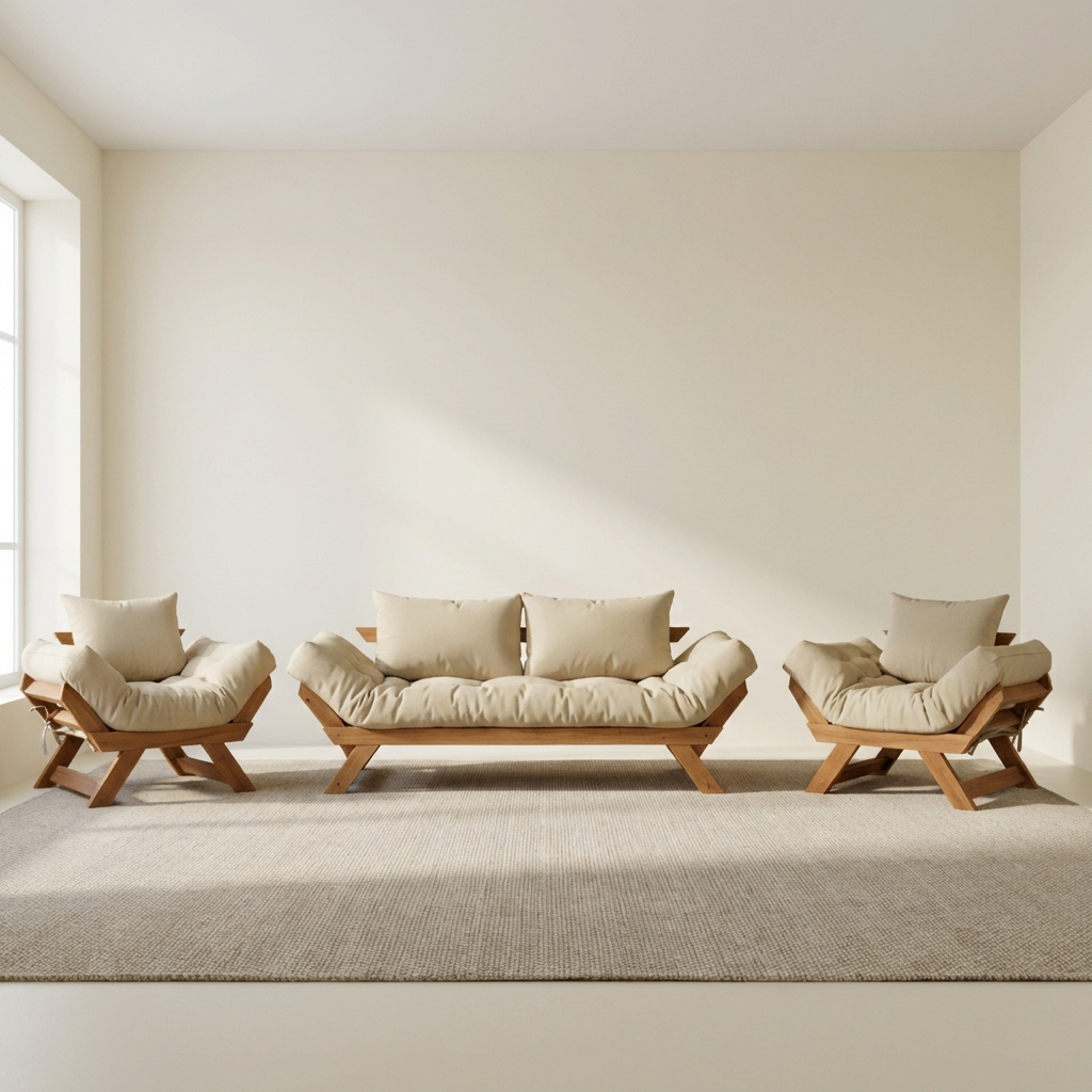 Kit Sofá Japão + 2 Poltronas Sarja Madeira Nobre Cor Mel — Bege