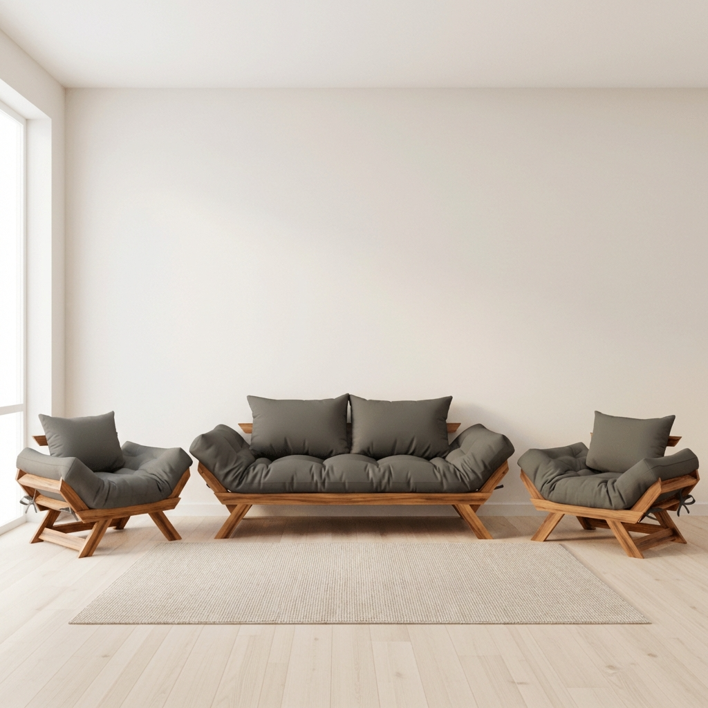 Kit Sofá Japão + 2 Poltronas Sarja Madeira Nobre Cor Mel — Cinza