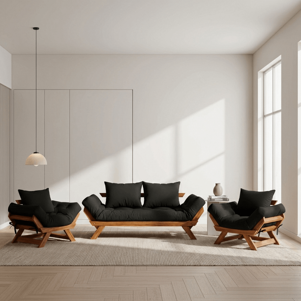 Kit Sofá Japão + 2 Poltronas Sarja Madeira Nobre Cor Mel