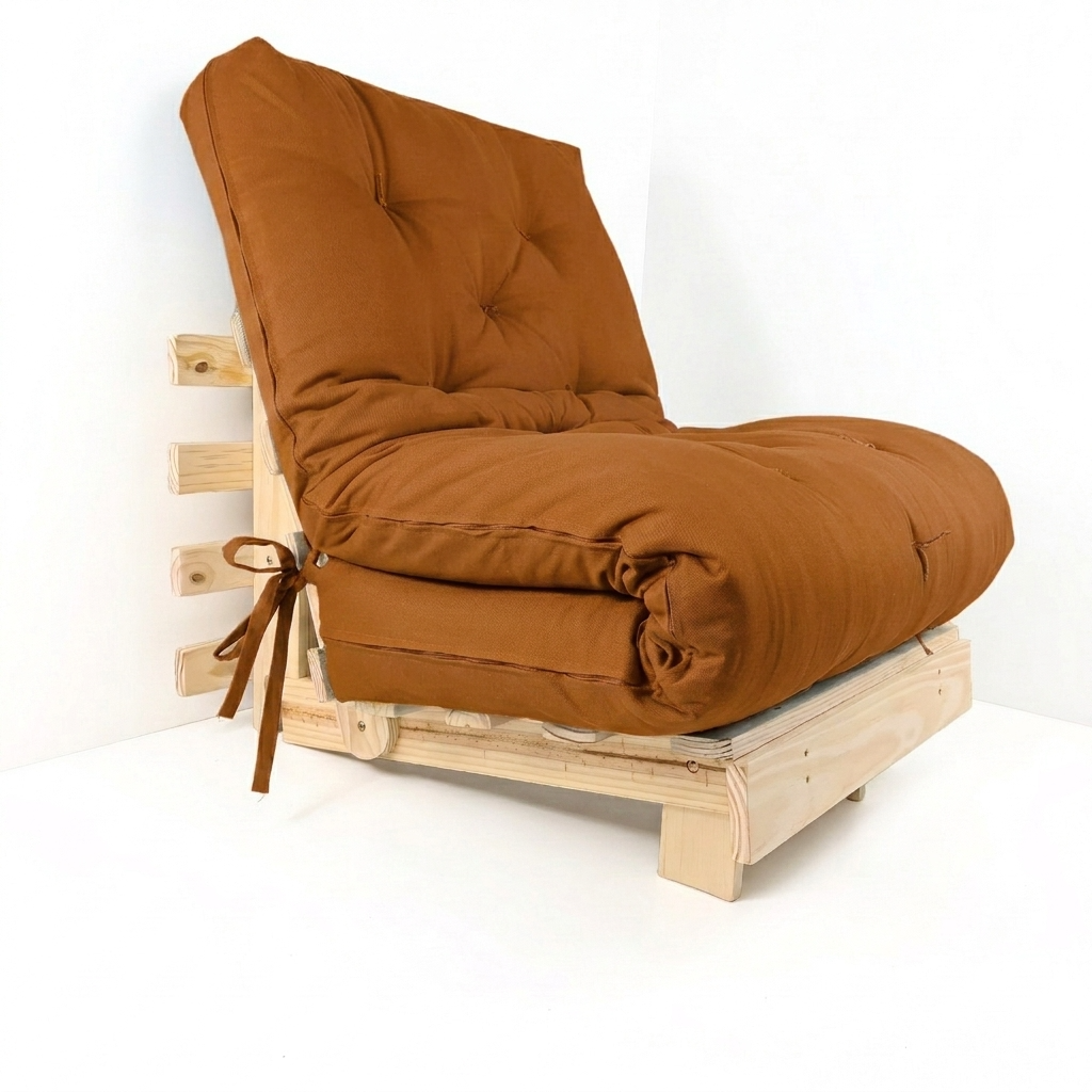 Sofa Cama Tokio Solteiro Futon Dobrável - Madeira Natural Sarja Caramelo