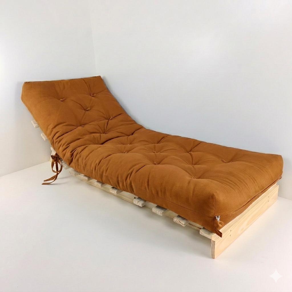 Sofa Cama Tokio Solteiro Futon Dobrável - Madeira Natural Sarja Caramelo