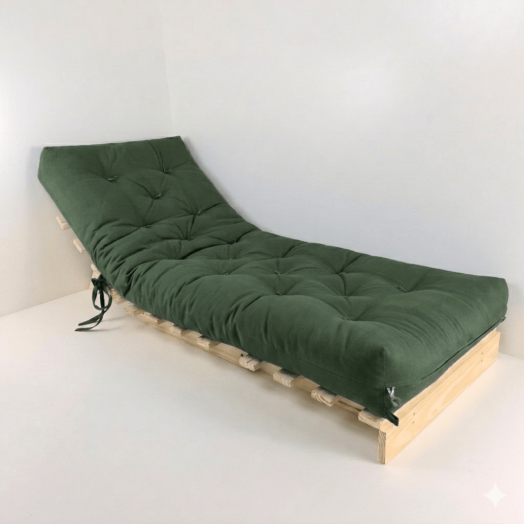 Sofa Cama Tokio Solteiro Futon Dobrável - Madeira Natural Sarja Verde Militar