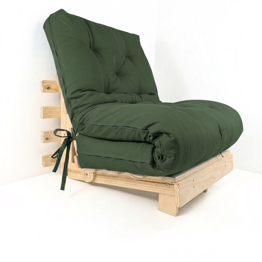Sofa Cama Tokio Solteiro Futon Dobrável - Madeira Natural Sarja Verde Militar