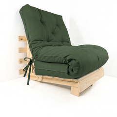 Sofa Cama Tokio Solteiro Futon Dobrável - Madeira Natural Sarja Verde Militar