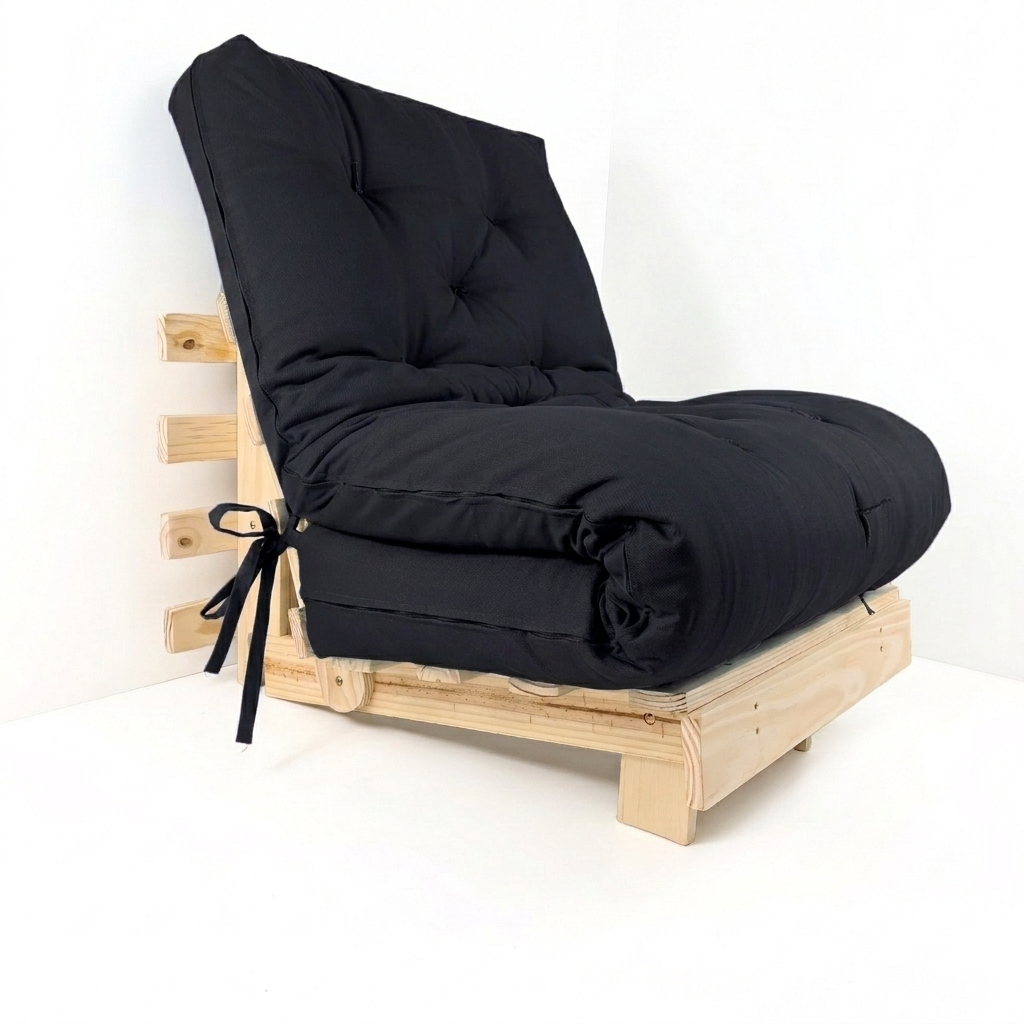 Sofá Cama Tokio Solteiro Futon Dobrável - Madeira Natural Sarja Preto