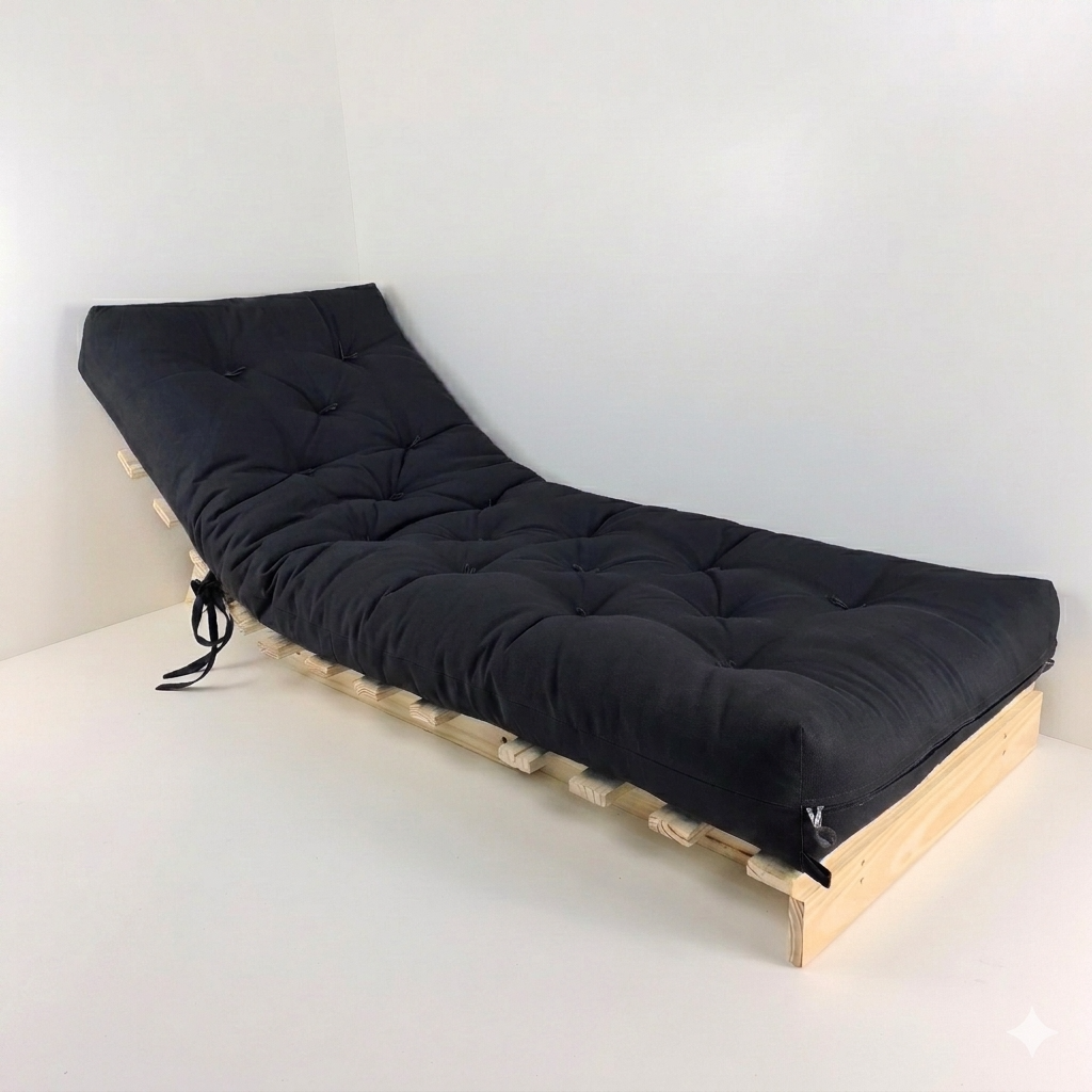 Sofá Cama Tokio Solteiro Futon Dobrável - Madeira Natural Sarja Preto