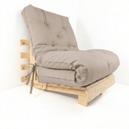 Sofa Cama Tokio Solteiro Futon Dobrável - Madeira Natural Sarja Bege