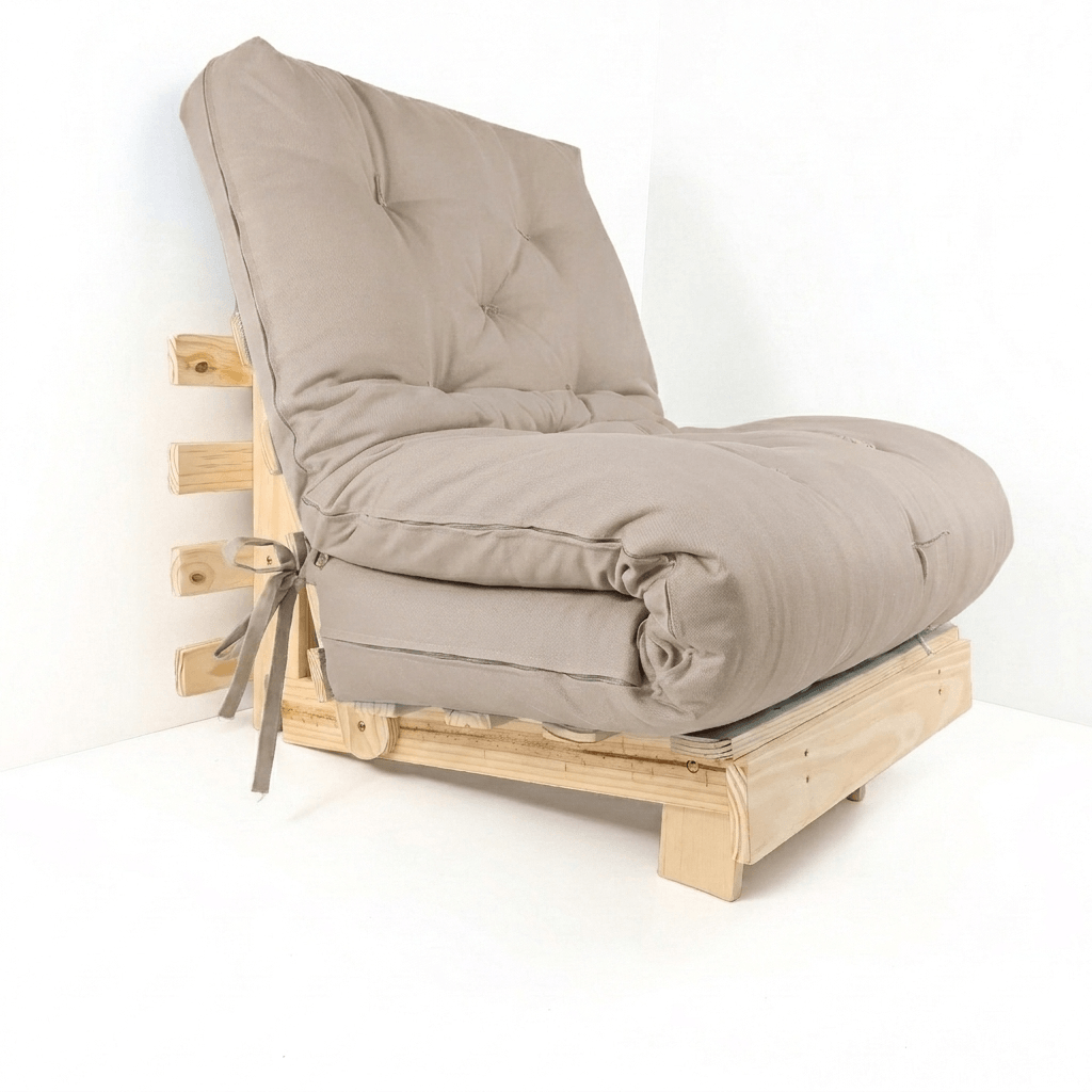 Sofa Cama Tokio Solteiro Futon Dobrável - Madeira Natural Sarja Bege