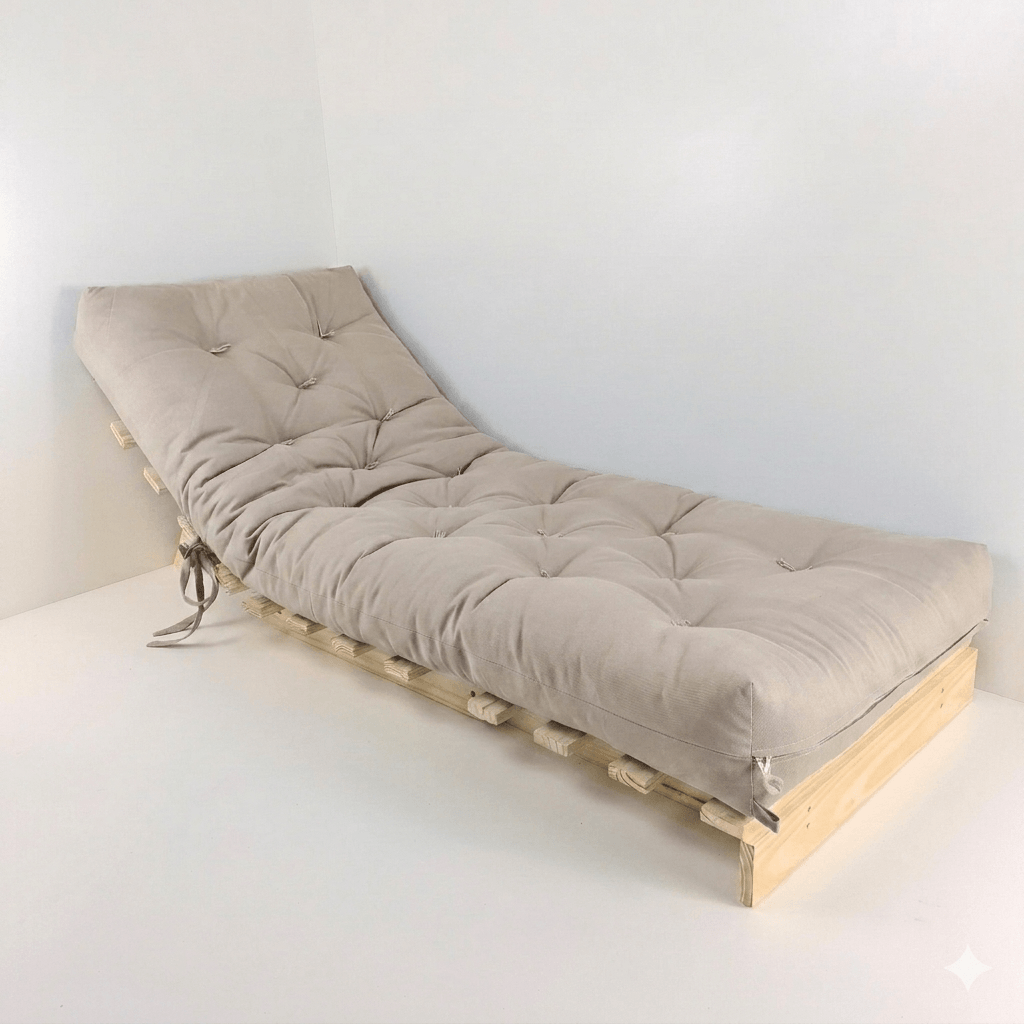 Sofa Cama Tokio Solteiro Futon Dobrável - Madeira Natural Sarja Bege