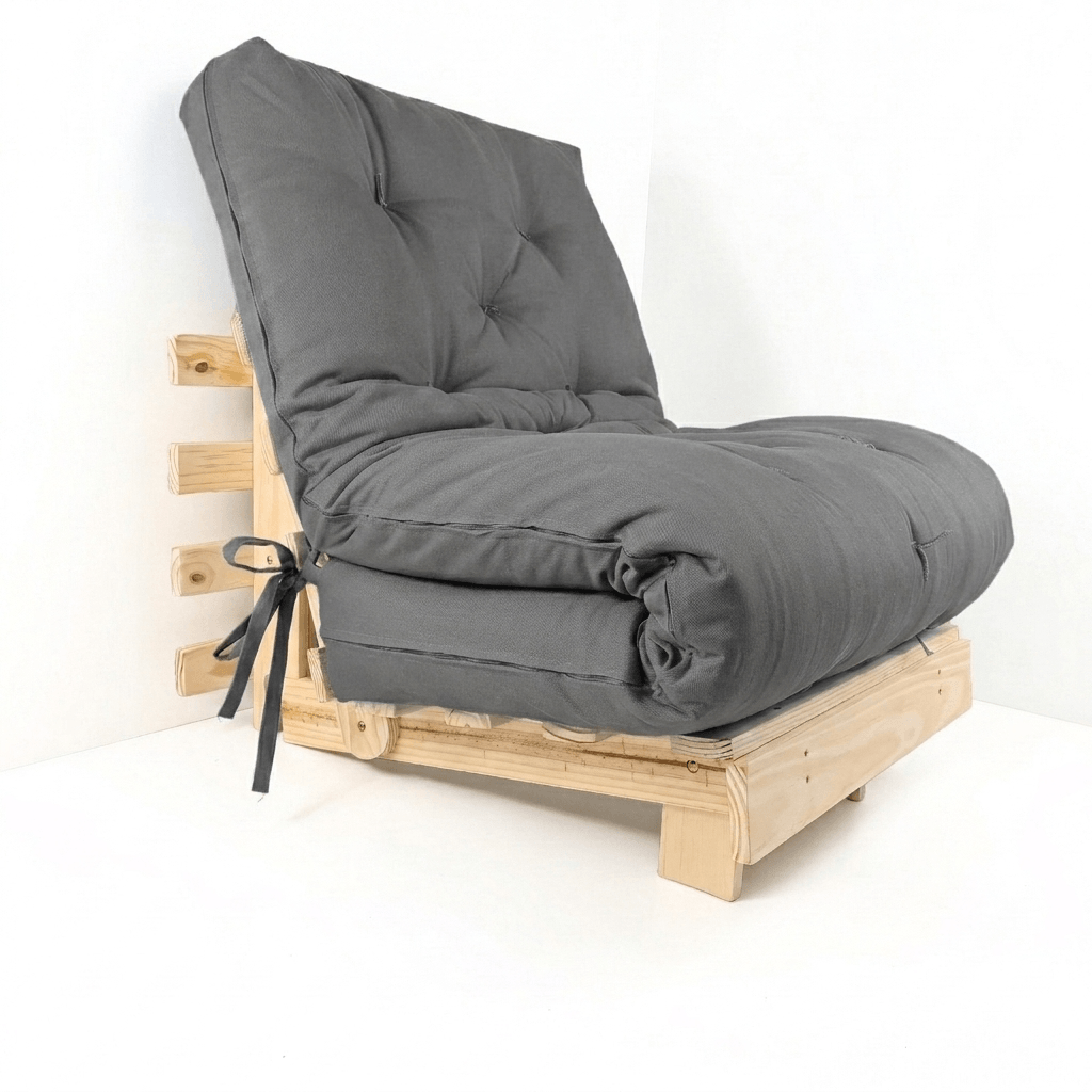 Sofa Cama Tokio Solteiro Futon Dobrável - Madeira Natural Sarja Cinza