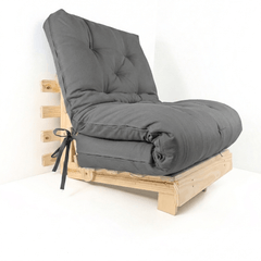 Sofa Cama Tokio Solteiro Futon Dobrável - Madeira Natural Sarja Cinza