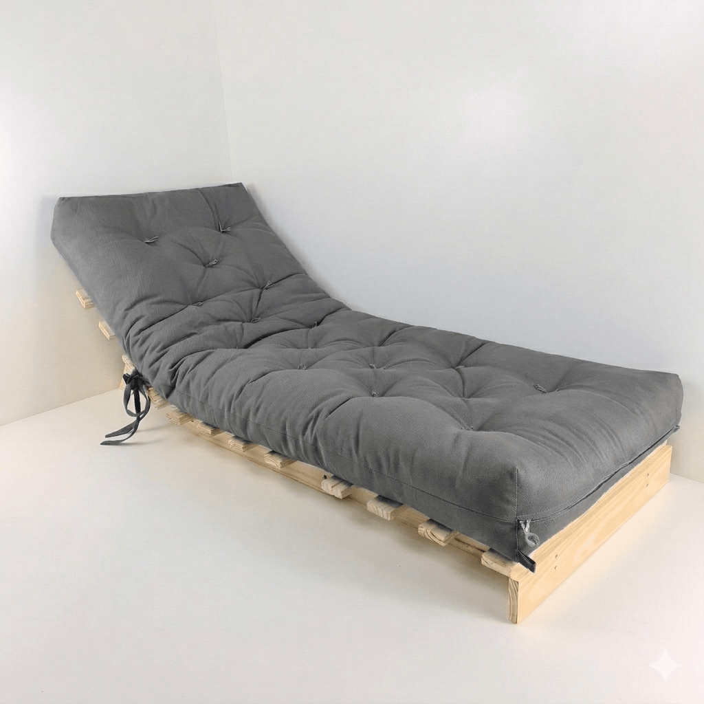 Sofa Cama Tokio Solteiro Futon Dobrável - Madeira Natural Sarja Cinza