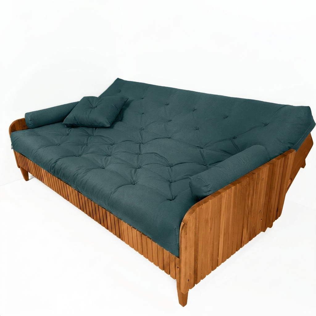 Sofá Cama Casal Futon Paris II Ripado Acquablock Madeira Maciça Mel D33 - Verde Oliva