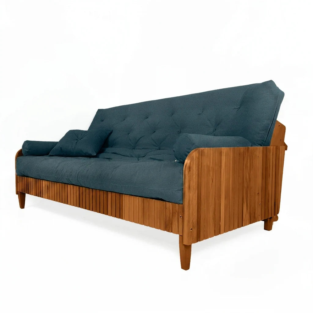 Sofá Cama Casal Futon Paris II Ripado Acquablock Madeira Maciça Mel - Cor Verde Oliva