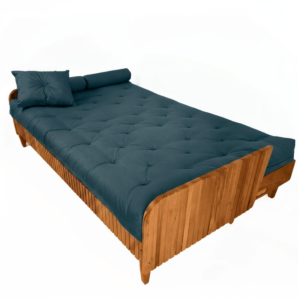 Sofá Cama Casal Futon Paris II Ripado Acquablock Madeira Maciça Mel D33 - Verde Oliva