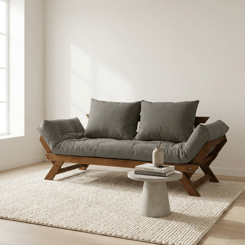 Sofá Cama Reclinável Futon Japão - Madeira Nobre Cor Imbuia Tecido Sarja Cinza