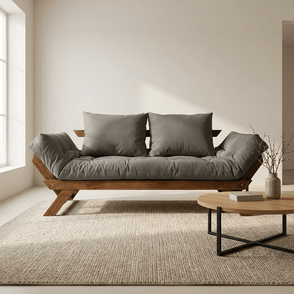 Sofá Cama Reclinável Futon Japão - Madeira Nobre Cor Imbuia Tecido Sarja Cinza