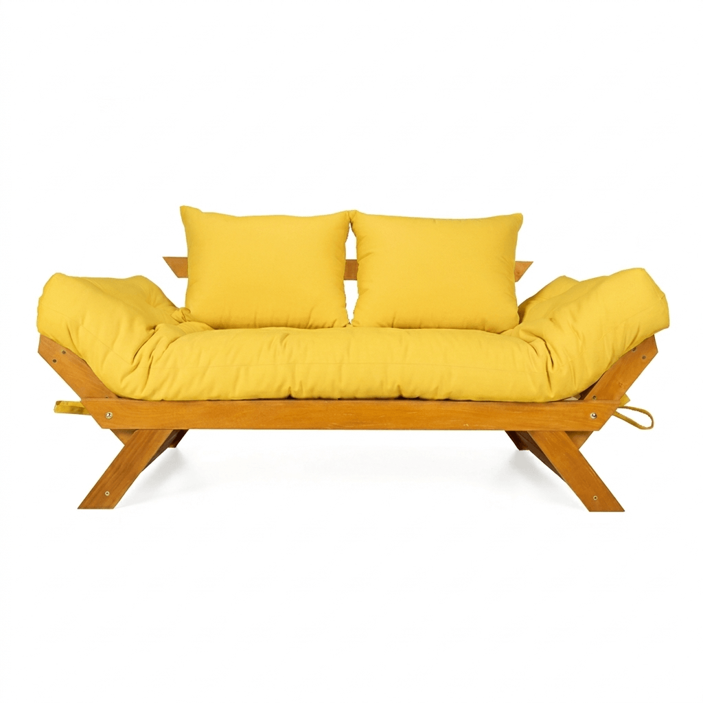 Sofá Cama Futon Reclinável Japão - Madeira Nobre Natural Tecido Acquablock Amarelo