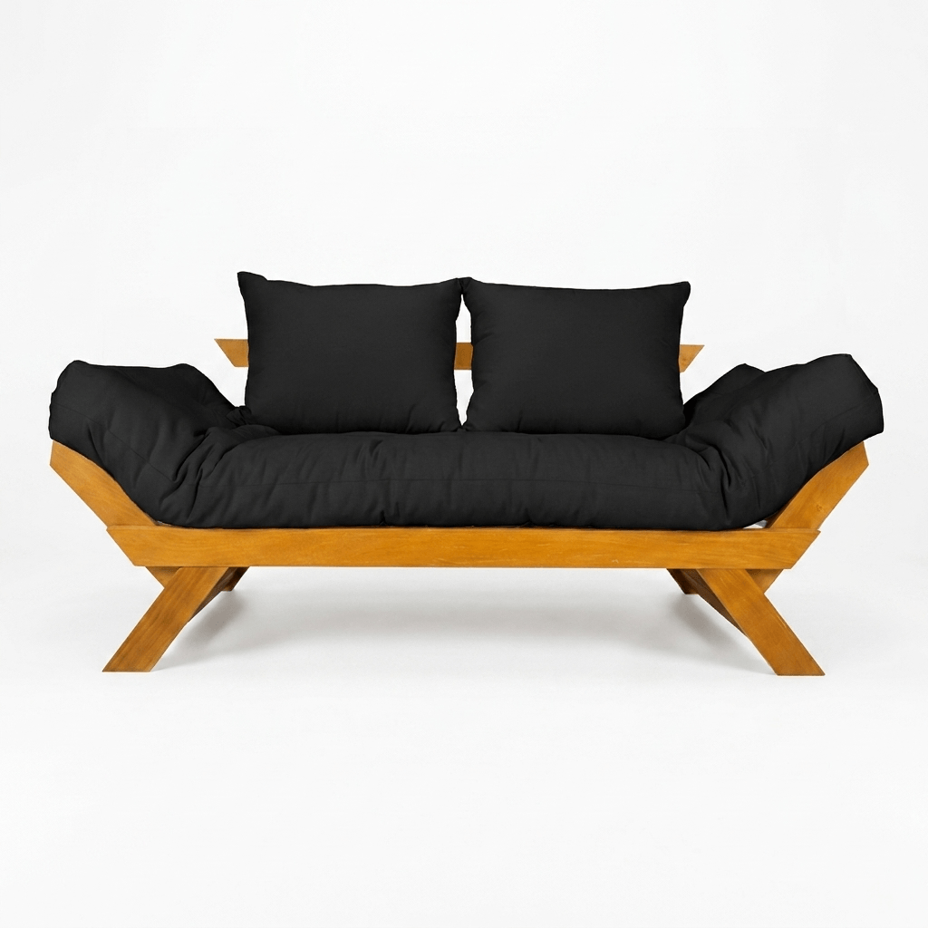 Sofá Cama Futon Reclinável Japão - Madeira Nobre Natural Tecido Acquablock Preto