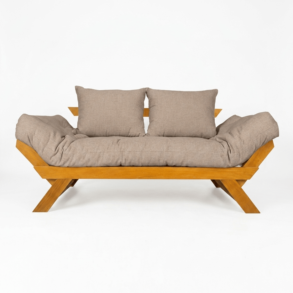 Sofá Cama Futon Reclinável Japão - Madeira Nobre Natural Tecido Acquablock Fendi