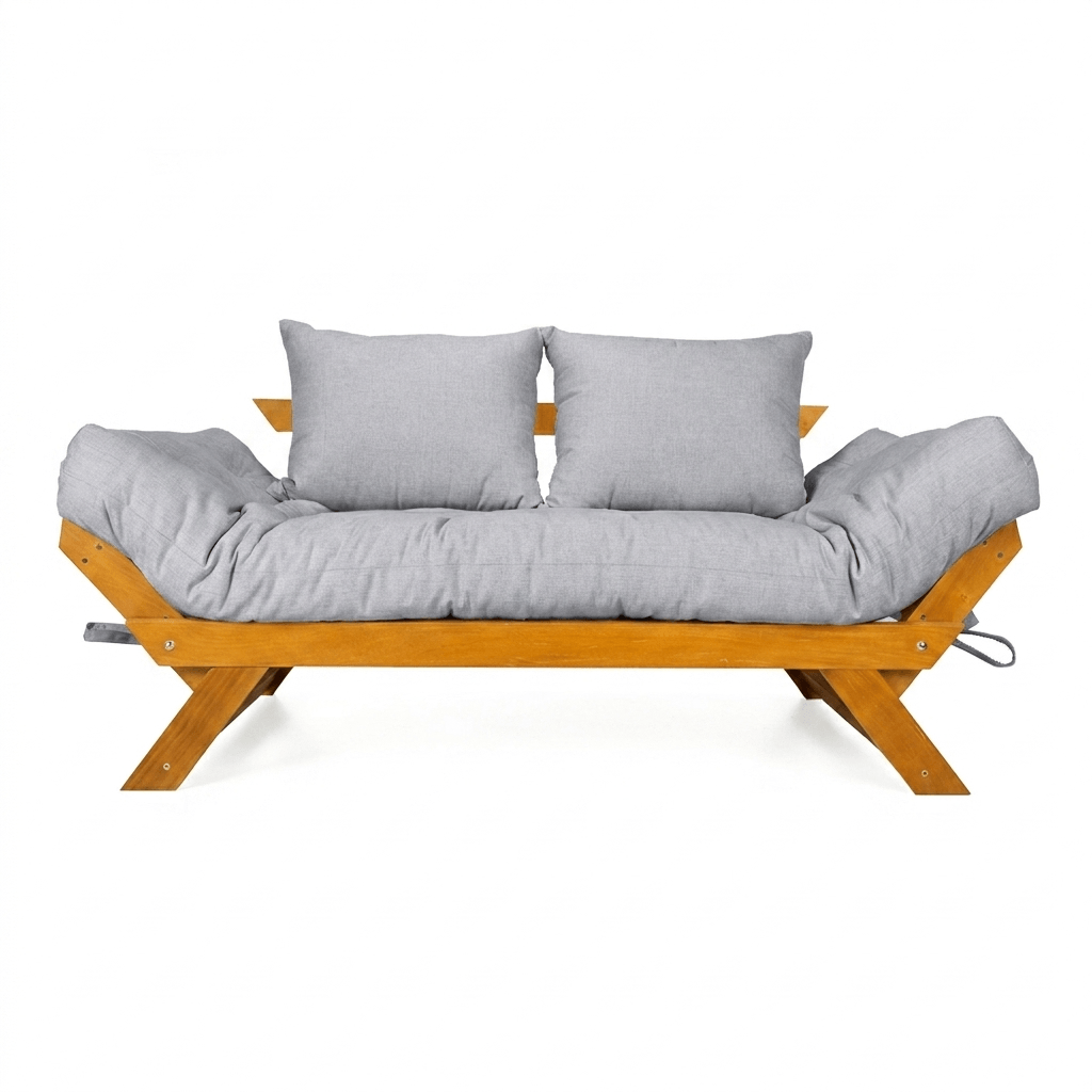 Sofá Cama Futon Reclinável Japão - Madeira Nobre Natural Tecido Acquablock Cinza Linho