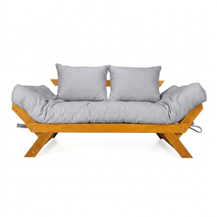 Sofá Cama Futon Reclinável Japão - Madeira Nobre Natural Tecido Acquablock Cinza Linho
