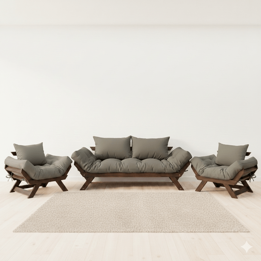 Kit Sofá Japão + 2 Poltronas Sarja Madeira Cor Imbuia