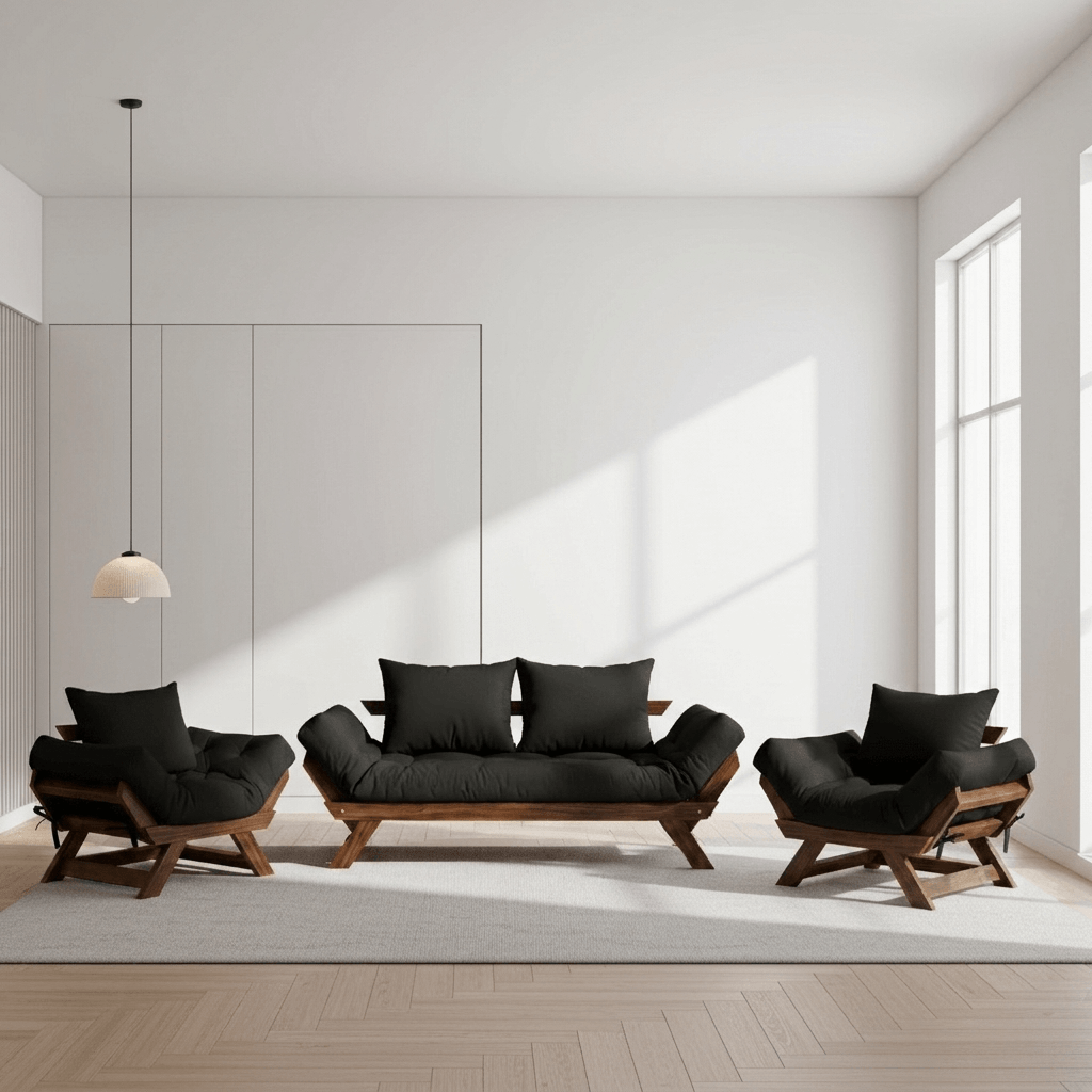Kit Sofá Japão + 2 Poltronas Sarja Madeira Cor Imbuia