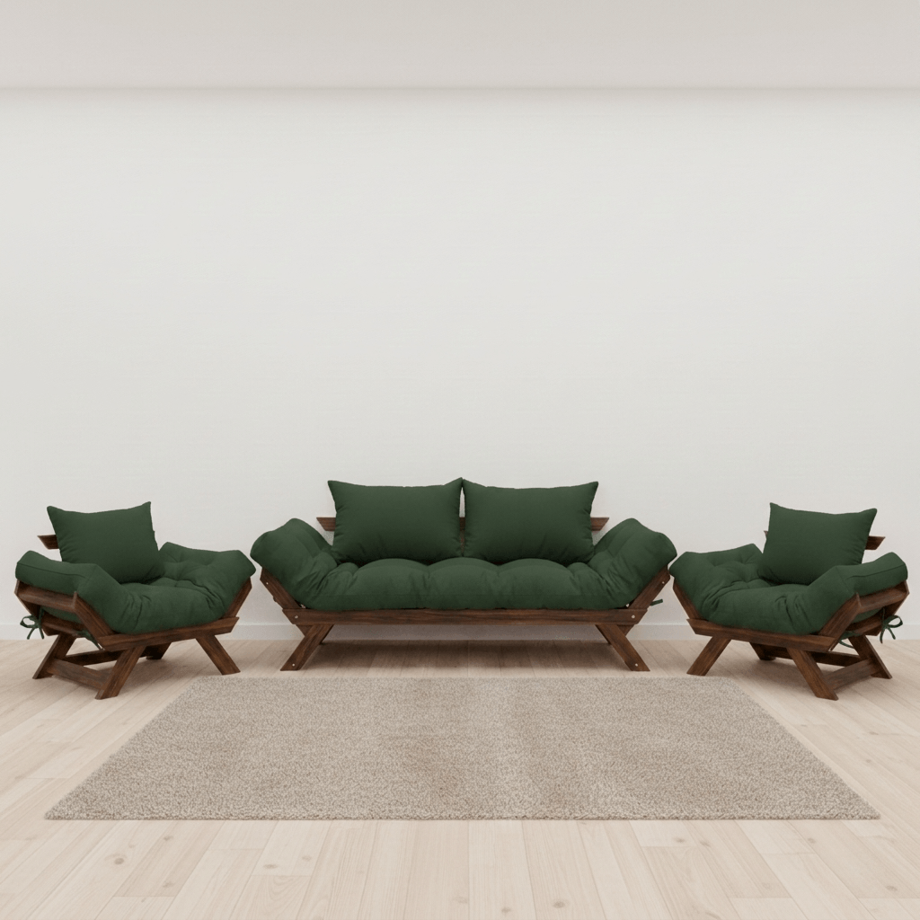 Kit Sofá Japão + 2 Poltronas Sarja Madeira Cor Imbuia