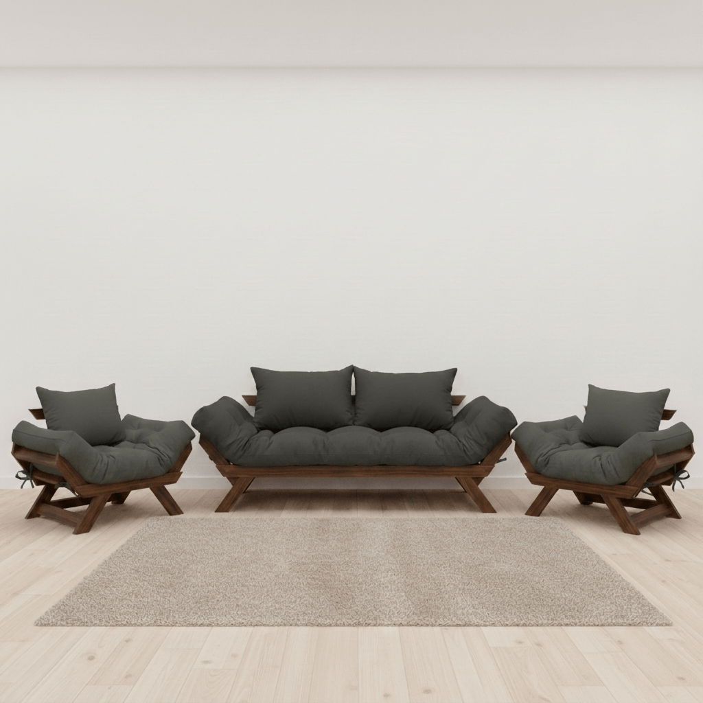 Kit Sofá Japão + 2 Poltronas Sarja Madeira Cor Imbuia