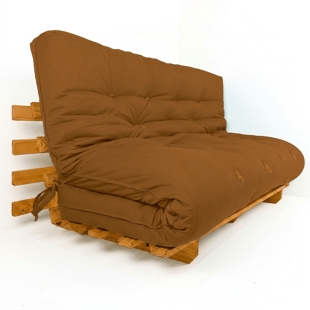 Sofá Cama Futon Oriental King Madeira Cor Mel Maciça Sarja Caramelo