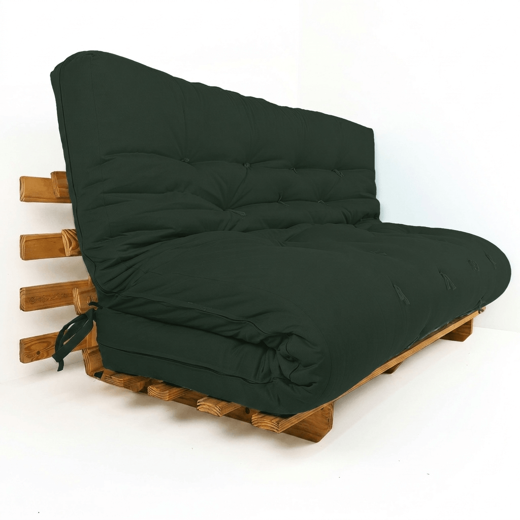 Sofá Cama Casal Futon Oriental Madeira Nobre Mel Sarja Verde Militar D33