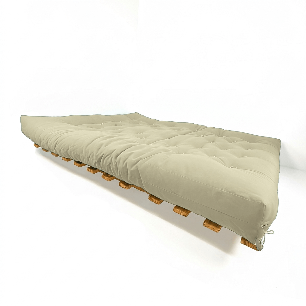 Sofá Cama Futon Oriental King Madeira Cor Mel Maciça Sarja Bege Claro