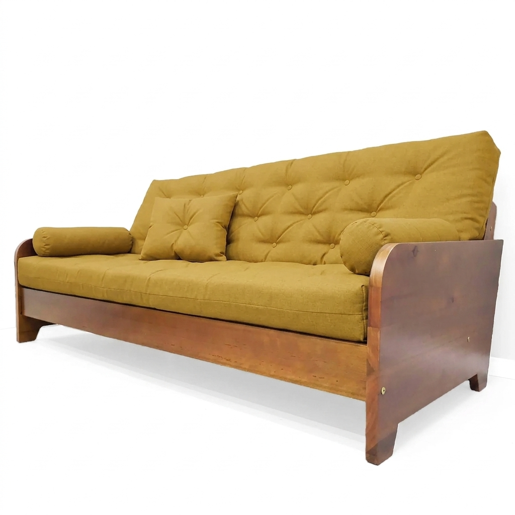 Sofá Cama Casal Futon Paris New Madeira Nobre Mel - Tecido Acquablock Cor Amarelo