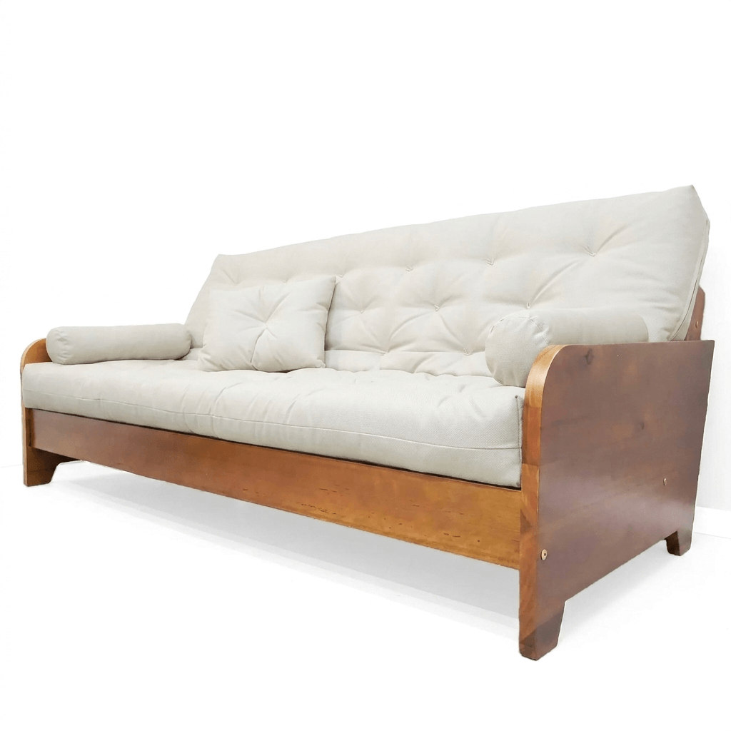 Sofá Cama Casal Futon Paris New II D33 Acquablock em Madeira Maciça Mel  - Branco Off
