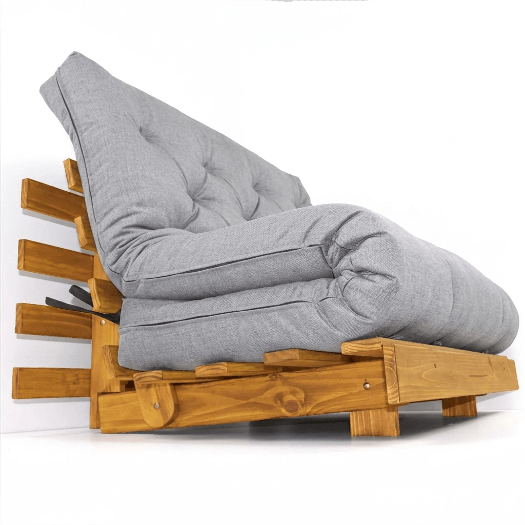 Sofá Cama Casal Futon Tokio D33 Madeira Cor Mel Acquablock Cinza Linho
