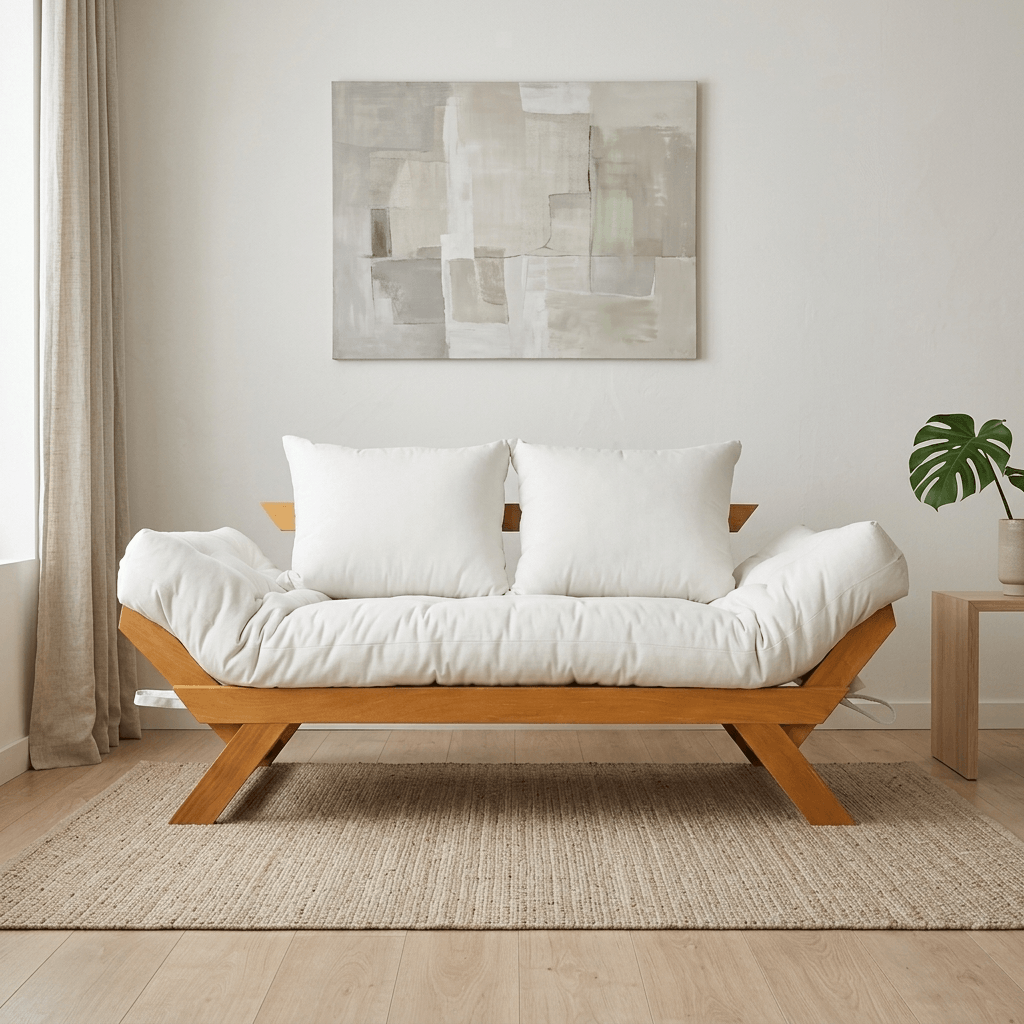 Sofá Cama Reclinável Futon Japão - Madeira Cor Mel Tecido Acquablock Branco Off