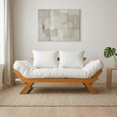 Sofá Cama Reclinável Futon Japão - Madeira Cor Mel Tecido Acquablock Branco Off