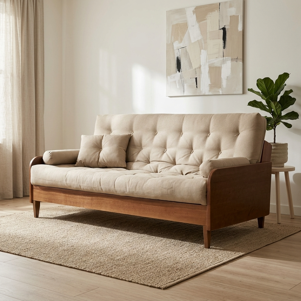 Sofá Cama Casal Futon Paris II Sarja em Madeira Maciça Cor Natural - Bege Claro