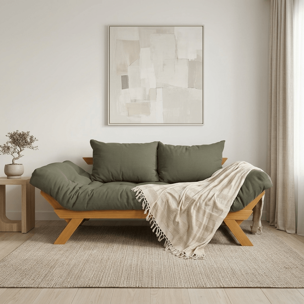 Sofá Cama Reclinável Futon Japão - Madeira Cor Mel Tecido Sarja Cinza