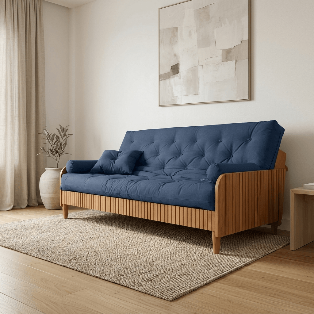 Sofá Cama Casal Futon Paris II Ripado Acquablock Madeira Maciça Natural - Azul Royal