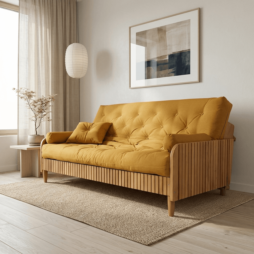 Sofá Cama Casal Futon Paris II Ripado Acquablock Madeira Maciça Mel D33 - Amarelo