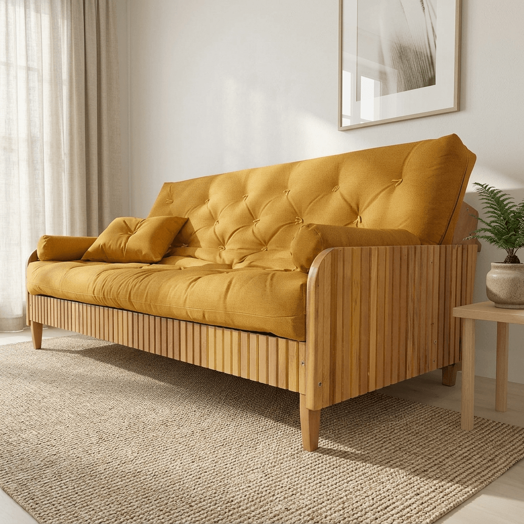 Sofá Cama Casal Futon Paris II Ripado Acquablock Madeira Maciça Mel D33 - Amarelo