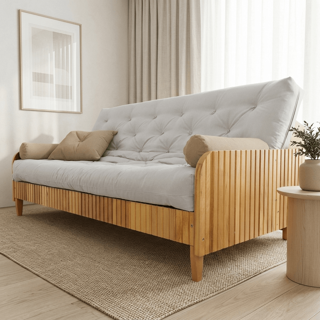 Sofá De Madeira Nobre Ripado Mel Futon Paris - Tecido Acquablock Branco Off