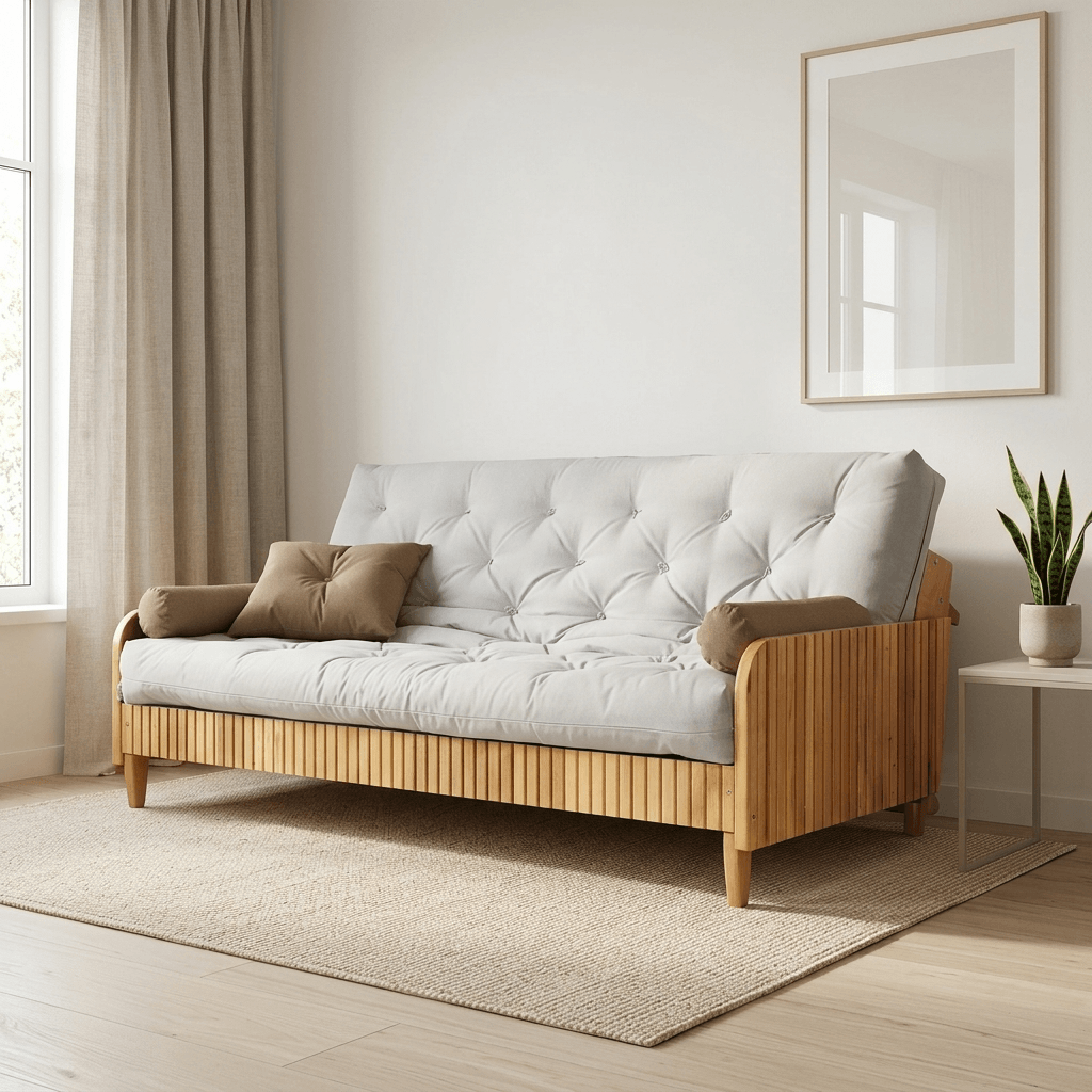 Sofá De Madeira Nobre Ripado Mel Futon Paris - Tecido Acquablock Branco Off