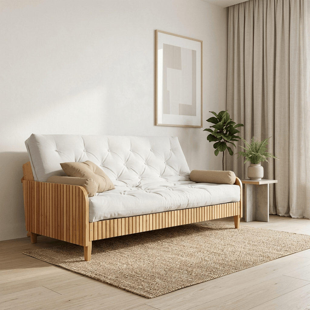 Sofá De Madeira Nobre Ripado Mel Futon Paris - Tecido Acquablock Branco Off
